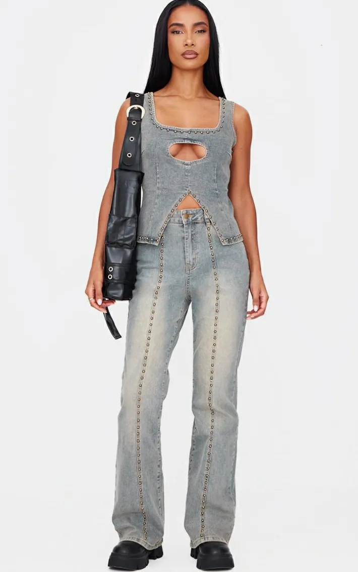 Vintage Washed Front Seam Studded Flared Jeans