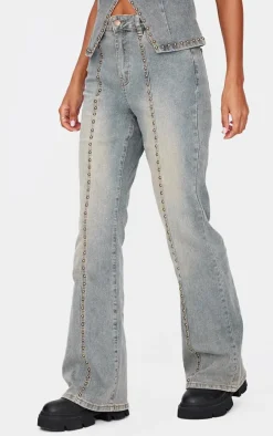 Vintage Washed Front Seam Studded Flared Jeans