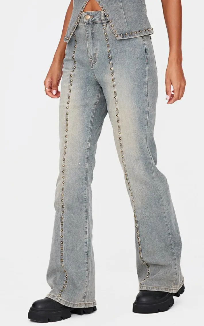 Vintage Washed Front Seam Studded Flared Jeans