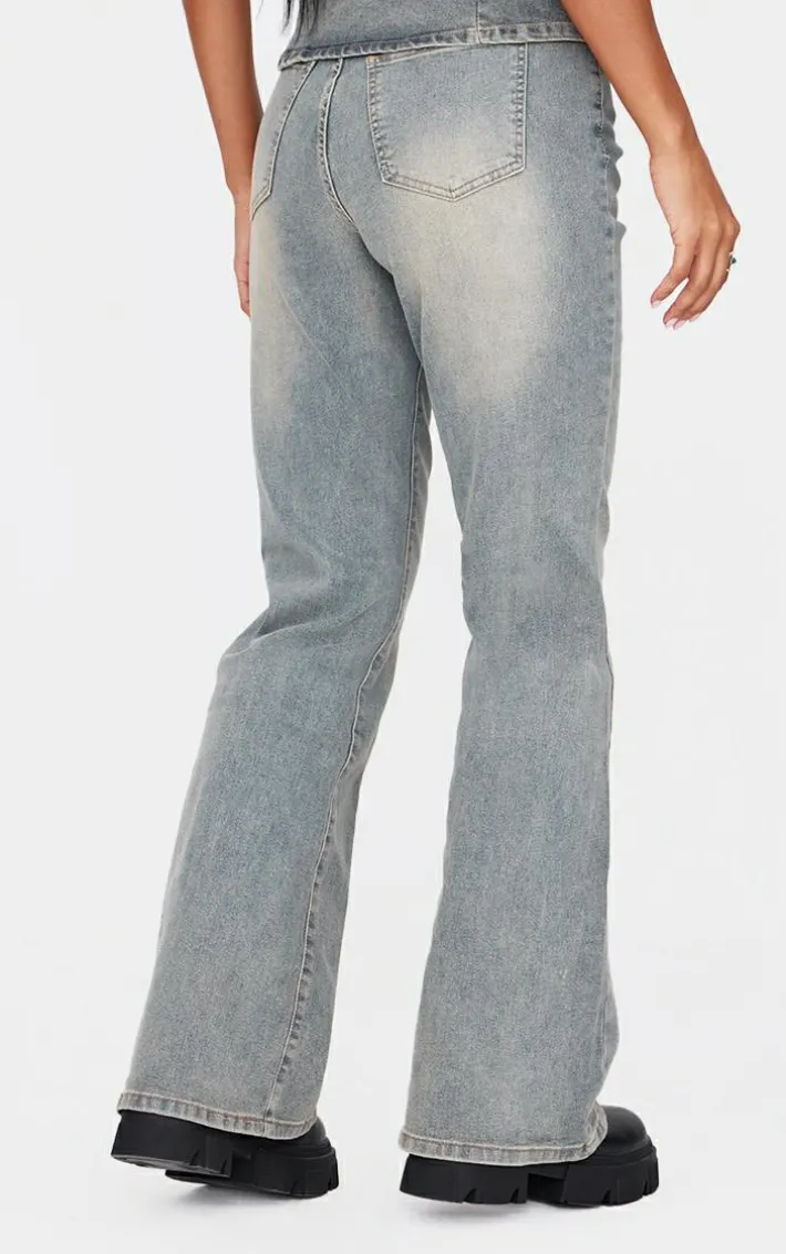 Vintage Washed Front Seam Studded Flared Jeans
