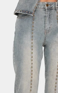 Vintage Washed Front Seam Studded Flared Jeans