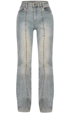 Vintage Washed Front Seam Studded Flared Jeans