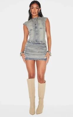 Vintage Washed Ruched Style Denim Mini Skirt