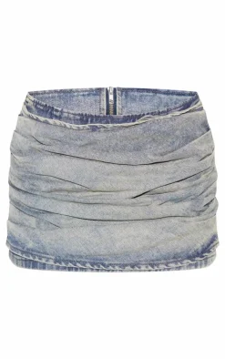 Vintage Washed Ruched Style Denim Mini Skirt