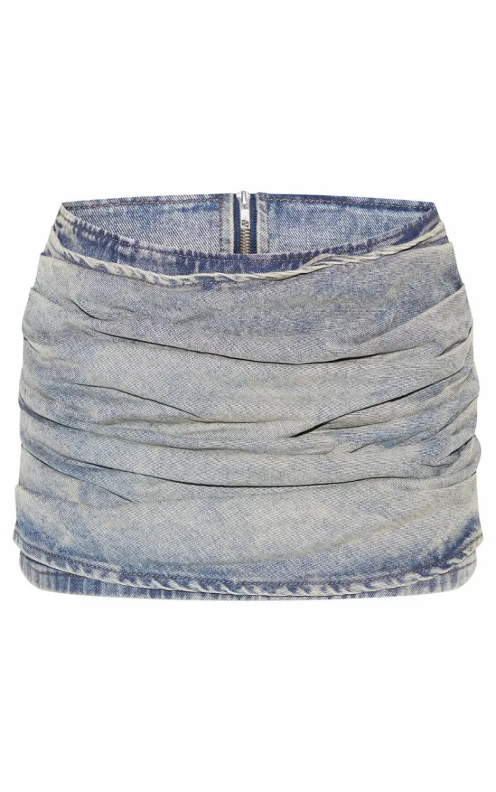 Vintage Washed Ruched Style Denim Mini Skirt