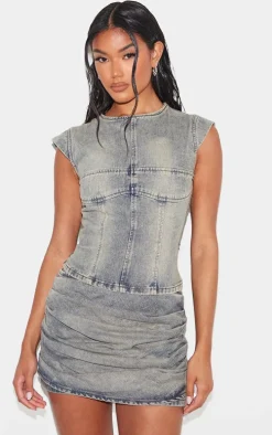 Vintage Washed Seam Detail Cap Sleeve Denim Top