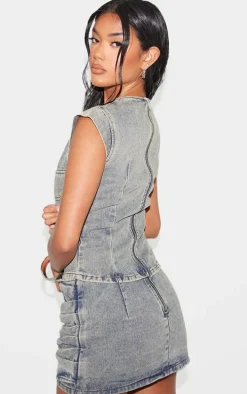 Vintage Washed Seam Detail Cap Sleeve Denim Top