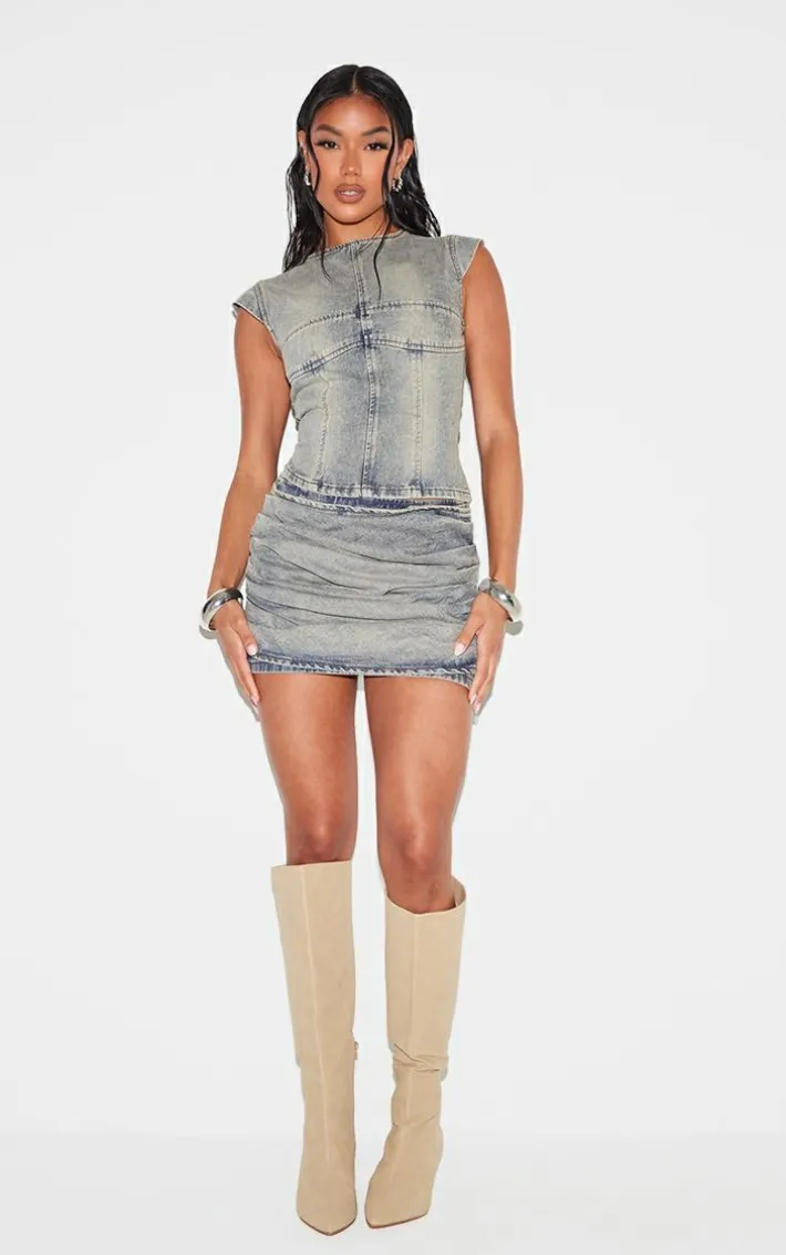 Vintage Washed Seam Detail Cap Sleeve Denim Top