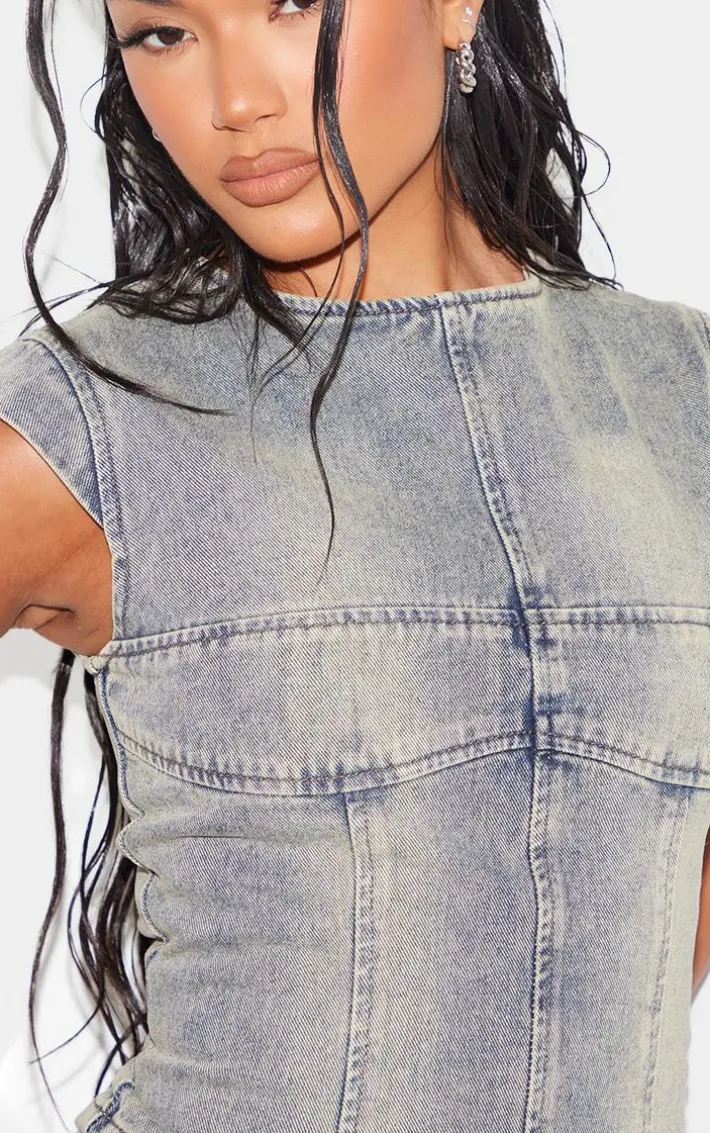 Vintage Washed Seam Detail Cap Sleeve Denim Top