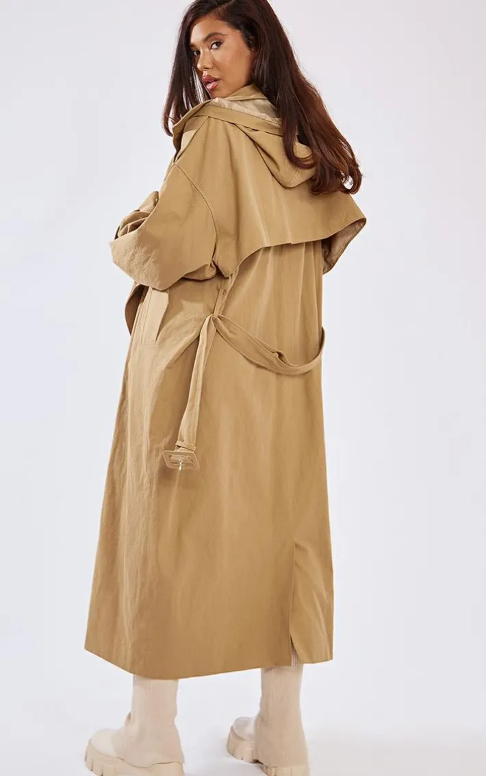Warm Beige Hooded Oversized Woven Trench Coat