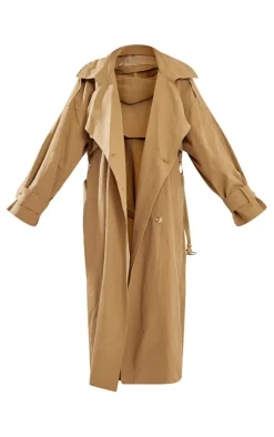 Warm Beige Hooded Oversized Woven Trench Coat