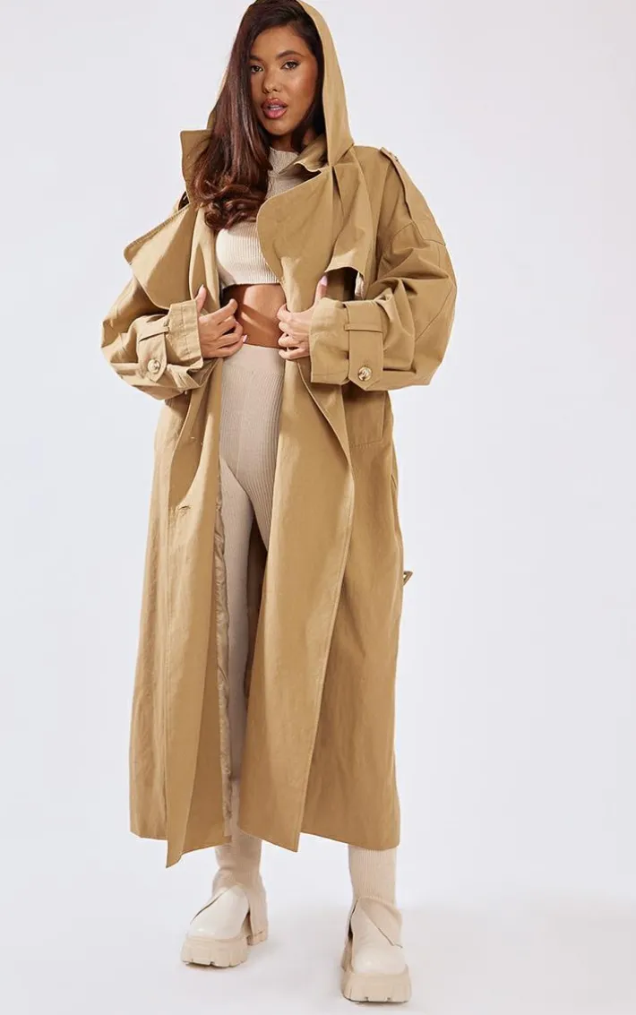 Warm Beige Hooded Oversized Woven Trench Coat