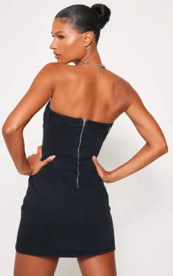 Washed Black Bandeau Waistband Detail Denim Mini Dress