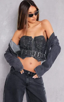 Washed Black Buckle Detail Bardot Corset