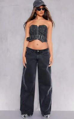 Washed Black Buckle Detail Bardot Corset