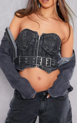 Washed Black Buckle Detail Bardot Corset