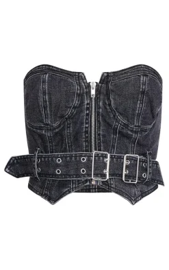 Washed Black Buckle Detail Bardot Corset