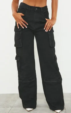 Washed Black Cargo Pocket Detail Wide Leg Jeans