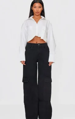 Washed Black Cargo Side Pocket Wide Leg Jeans