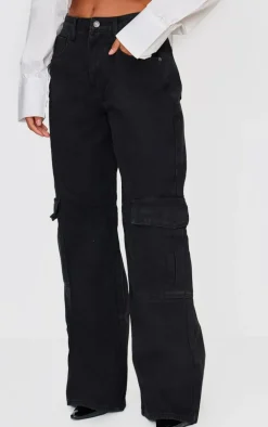 Washed Black Cargo Side Pocket Wide Leg Jeans