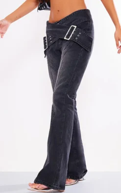 Washed Black Cross Over Belt Flare Jeans