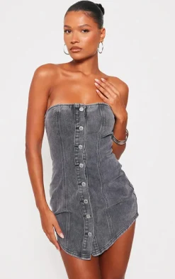 Washed Black Curved Hem Button Through Denim Mini Dress