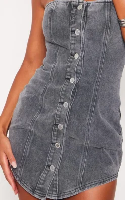Washed Black Curved Hem Button Through Denim Mini Dress