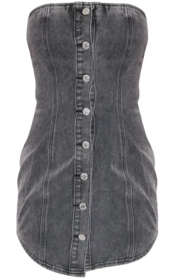 Washed Black Curved Hem Button Through Denim Mini Dress