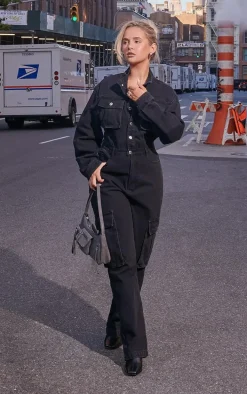 Washed Black Denim Cargo Wide Leg Jumpsuit