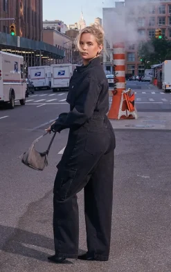 Washed Black Denim Cargo Wide Leg Jumpsuit