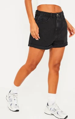 Washed Black Denim Mom Shorts