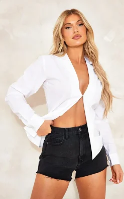 Washed Black Denim Raw Hem Hot Pants