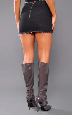 Washed Black Diamante Trim Raw Hem Denim Mini Skirt