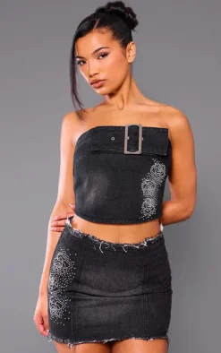 Washed Black Diamante Trim Raw Hem Denim Mini Skirt