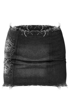 Washed Black Diamante Trim Raw Hem Denim Mini Skirt