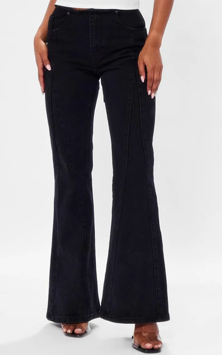 Washed Black Dipped Lace Up Back Flared Denim Jean