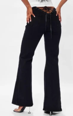 Washed Black Dipped Lace Up Back Flared Denim Jean