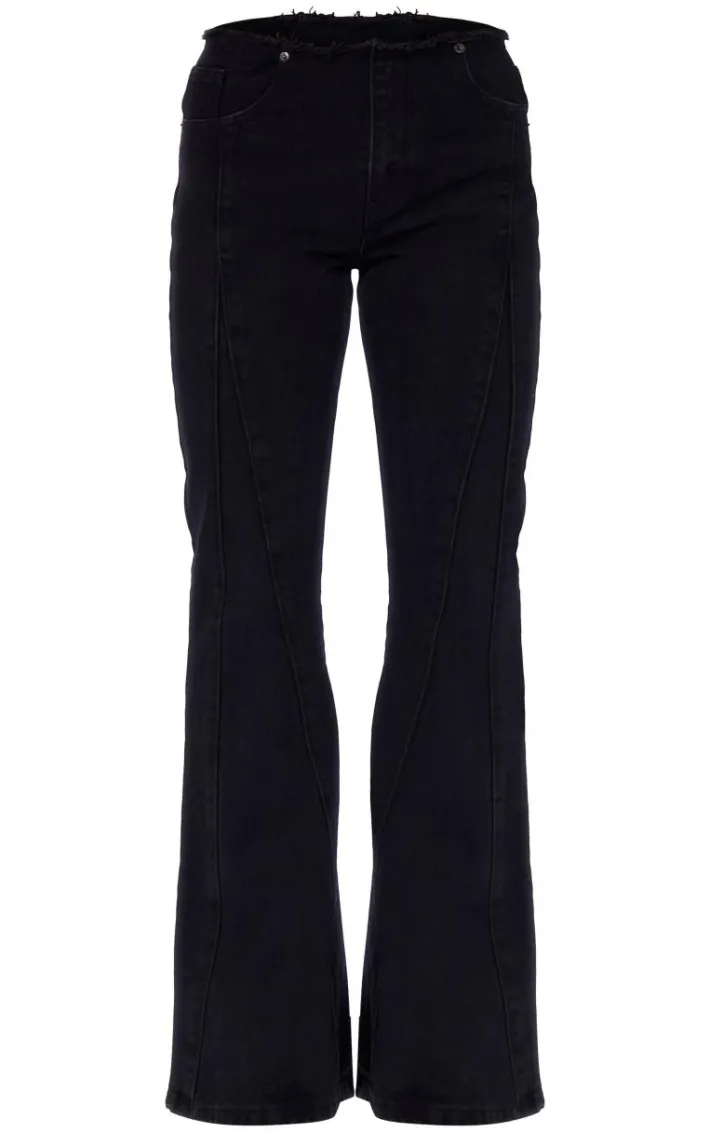 Washed Black Dipped Lace Up Back Flared Denim Jean