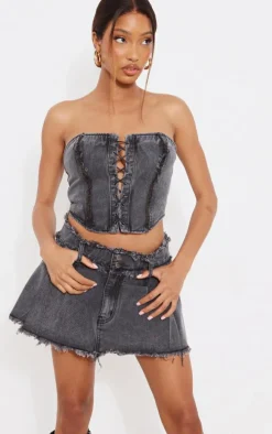Washed Black Distressed Edge Lace Front Denim Corset Top