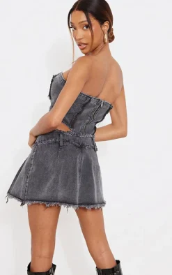 Washed Black Distressed Edge Lace Front Denim Corset Top