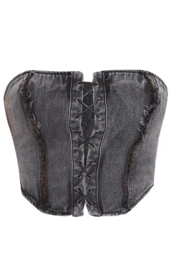 Washed Black Distressed Edge Lace Front Denim Corset Top
