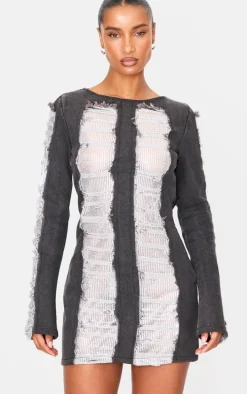 Washed Black Extreme Distressed Sequin Panel Backless Mini Dress