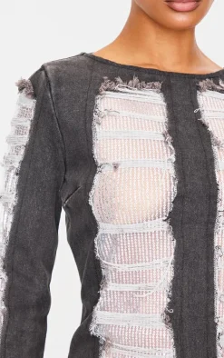 Washed Black Extreme Distressed Sequin Panel Backless Mini Dress