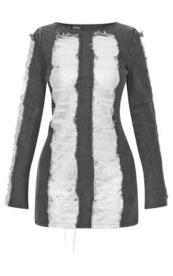 Washed Black Extreme Distressed Sequin Panel Backless Mini Dress