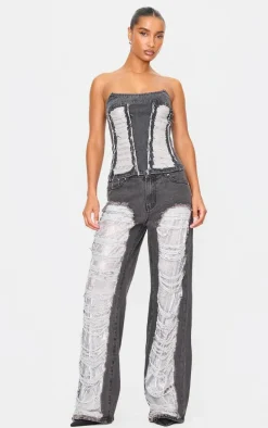 Washed Black Extreme Distressed Sequin Panel Straight Leg Jeans