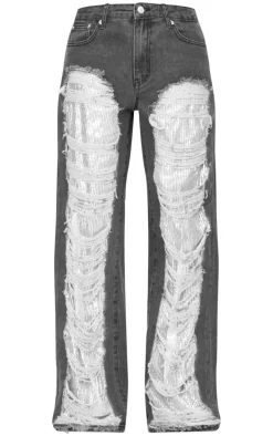 Washed Black Extreme Distressed Sequin Panel Straight Leg Jeans