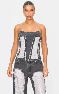 Washed Black Extreme Distressed Sequin Panel Strapless Denim Top