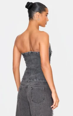 Washed Black Extreme Distressed Sequin Panel Strapless Denim Top