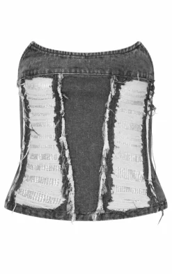 Washed Black Extreme Distressed Sequin Panel Strapless Denim Top
