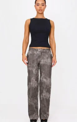 Washed Black Faux Leather Pintuck Detail Straight Leg Pants